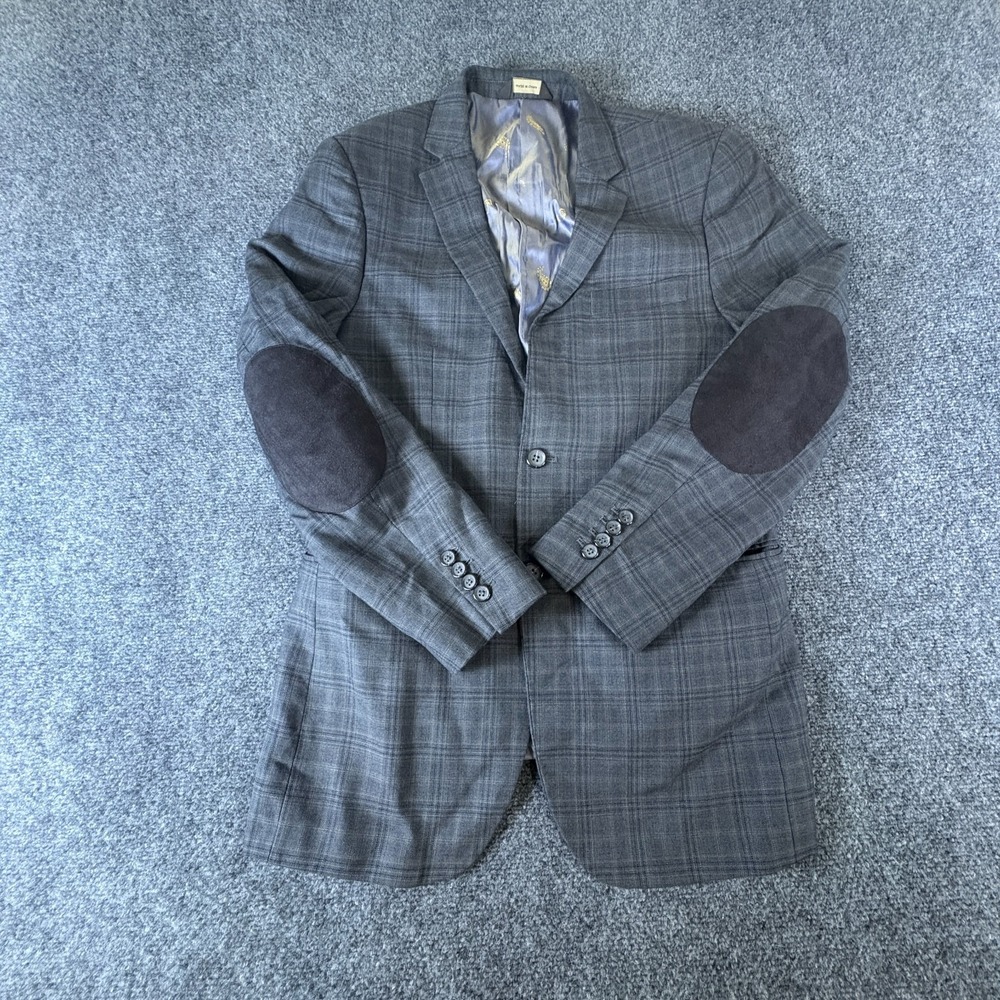 Cosani Blazer Jacket Mens 38 R Charcoal Plaid Wool Elbow Patches Button Front